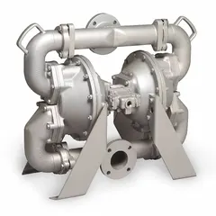 This air-operated double diaphragm pump features a cast iron housing with a 3-inch flange connection, delivering up to 310 gpm and 231 ft of head. The seat is made of 316 stainless steel, and the check valves are Santoprene. Typical applications include fluid transfer in industrial processes such as chemical handling, wastewater, and mining.