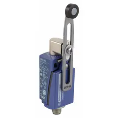This limit switch from the XCKD series features a 90° roller lever arm with a 0.22-inch roller width. It has two mounting holes and a 5-pin M12 connector for electrical connection. Used for position sensing in automated machinery, conveyors, and packaging equipment.