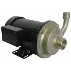 This centrifugal pump features a 316 stainless steel housing and impeller for chemical resistance. It is powered by a 3/4 hp three-phase motor rated at 208-230/460V AC with a Totally Enclosed Fan Cooled enclosure. Suitable for transferring corrosive fluids in industrial processing and water treatment applications.