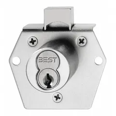 Vertical diamond deadbolt lock for cabinets and drawers, compatible with Small Format Interchangeable Cores (SFIC). Body height 2 1/8 in, width 1 7/8 in. Core included but not installed; no key override. Used in commercial or institutional settings where interchangeable cores are required.