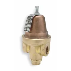 This brass pressure regulator reduces and stabilizes inlet pressure from 100 psi to 250 psi down to a set outlet pressure. It features 1/2 inch FNPT x FNPT connections and is rated for a maximum operating temperature of 180°F. Suitable for water, air, and light industrial fluid systems requiring precise pressure control.