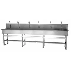 Battery-powered, sensor-operated six-station freestanding wash station. Bowl dimensions: 117 in length, 8 in depth. Flow rate: 2 gpm. Side splash not included. Suitable for portable handwashing in locations without permanent plumbing.