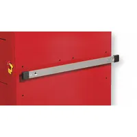 Side-mount accessory bracket for medical carts, made of silver polyester-coated aluminum. Overall width 18 in, depth 1/2 in. Includes mounting hardware. Used to attach additional equipment or storage components to medical carts