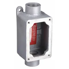 This 1-gang hazardous location electrical box is constructed of copper-free aluminum for corrosion resistance. It features a 1-inch feed-through hub and is designed for use in environments where flammable gases, vapors, or dust may be present. Suitable for mounting and protecting electrical connections in industrial settings.