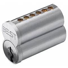 Small Format Interchangeable Core (SFIC) cylinder in chrome finish for cylindrical lock assemblies. Features a 6-pin configuration with A keyway type, allowing quick core replacement without removing the lock body. Used in commercial access control systems requiring key control and fast rekeying.