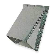 This flange-mount direct vent cap is constructed from galvanized steel and includes a flapper. It is designed for use with 4-inch vent diameters in gas heating systems, providing an outlet for combustion gases.