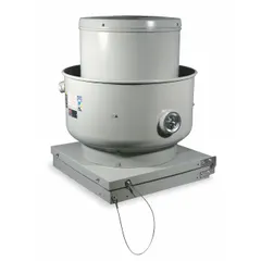 Belt-drive upblast roof exhaust fan for kitchen ventilation. Includes drive package. Open dripproof, single-speed motor, 208-230/460V AC. Square base, unassembled. 4,922 cfm capacity, 21 1/4 in wheel. Not for high-static-pressure applications.