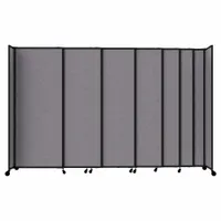 Wall-mounted room divider with 7 opaque Cloud Gray fabric panels. Overall height 82 in, width 186 in. Powder-coated aluminum frame. Meets NIJ Standard 0108.01 for ballistic resistance. Suitable for creating secure partitions in facilities requiring ballistic protection