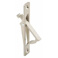 Zinc pocket door folding pull handle with satin-nickel finish and flat lever design. Overall length 3.5 inches, projection 0.25 inches. Mounts via threaded holes. Suitable for flush or recessed mounting on cabinet doors, drawers, or sliding panels.