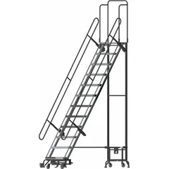 This steel wall-docked folding ladder features a weight-actuated auto-lock mechanism for secure positioning during use. The unit is unassembled and includes spring-loaded casters for mobility. Constructed with an aluminum and steel frame in a gray finish, it is equipped with double handrails for safe access. Typical applications include elevated maintenance, warehousing, and industrial access tasks.