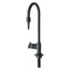 Single-post laboratory faucet for distilled water media. Features a matte black finish, cross handle, and inline flow pattern. Inlet connection is 1/2" NPT. Suitable for bench-top or sink-mount installations requiring a dedicated distilled water supply.