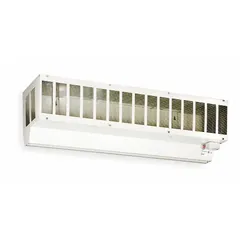Steel housing air curtain cabinet in white finish. Overall height 15 3/4 inches. Designed for mounting above doorways to create an invisible air barrier that separates indoor and outdoor environments, reducing energy loss and preventing drafts in commercial or industrial settings.