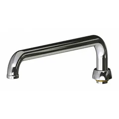 Brass arc swivel spout with polished chrome finish and laminar flow. 12-inch reach. Includes mounting hardware. Suitable for commercial sinks requiring swivel function.