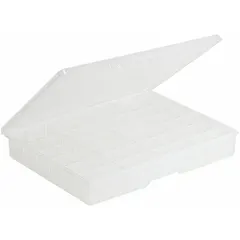 This clear plastic compartment box features 24 fixed compartments with a snap closure. It is used for organizing and storing small parts such as hardware, craft supplies, or components. The box is not electrostatic discharge conductive.