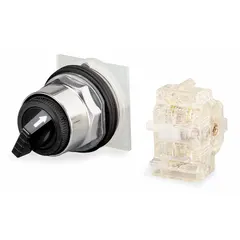 This 30 mm panel-mount selector switch from the 9001K Series features a short-handled metal knob and three maintained positions (On/On/On) with Cam F. It is non-illuminated and has a metallic bezel. The switch is rated AC 10 A @ 600 V and DC 0.55 A @ 125 V, with contact configuration 1NC/1NO/1NC. Suitable for general-purpose industrial control applications requiring mode or state selection.