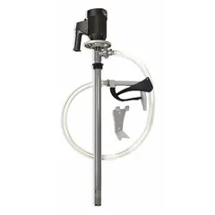 This centrifugal electric drum pump is designed for transferring fluids from drums or containers. It features a 1 1/10 hp motor, 220 V AC power, and delivers 15 gpm. The suction tube is made of CPVC, and the pump includes a hose and nozzle. Suitable for industrial fluid transfer applications.