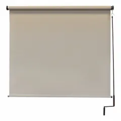 This right-side awning from the Regal Series features a pole-and-crank operation mechanism and a light brown fabric with 8 ft height. It provides 90% UV protection and uses a bungee-and-hook tie-down system for secure installation. Suitable for outdoor shading applications such as patios, decks, or commercial storefronts.