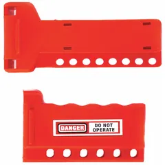 This clamp-on ball valve lockout secures quarter-turn handles in the closed position to prevent accidental operation during maintenance. It accommodates pipe sizes from 3/8 in to 1-1/4 in. Used in industrial lockout/tagout procedures for safety compliance.