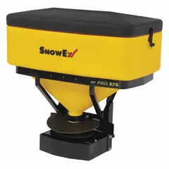 This tailgate spreader is constructed with steel and poly materials and is powered by the vehicle's battery. It mounts via a receiver hitch and is compatible with skid-steers, tractors, trucks, and UTVs. Designed for spreading salt, sand, or ice melt in winter maintenance operations.