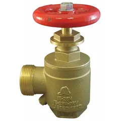 This angle-body hydrant gate valve is constructed of brass and features 1 1/2 in female and male NST threads. It is used to control water flow in fire protection and industrial water systems, connecting hoses to hydrants or standpipes.