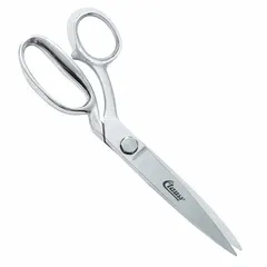 All-metal offset scissors with straight, pointed steel blades in a silver finish. Overall length of 10 inches. Designed for left-hand use with vinyl handles for grip. Suitable for cutting fabric, textiles, and similar materials in tailoring, upholstery, and garment manufacturing.