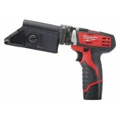 Steel-bodied cordless tool for installing cable ties up to 0.63 in wide. Compatible with Milwaukee M12 batteries. Includes batteries and charger. Used in industrial wiring, panel building, and cable management.