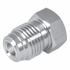 This stainless steel compression fitting plug seals the end of a tubing system in high-purity applications. It is used in instrumentation, semiconductor, and chemical processing lines where leak-tight connections are required. Fitting size: 3/4 in OD.