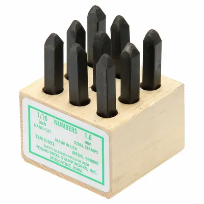 YOUNG BROS. STAMP WORKS Hand Stamp Kit: 0 thru 9 (6 doubles as 9), 1/16 in Character Ht, Steel - Precision-Ground Sharp-Face Hand Stamps