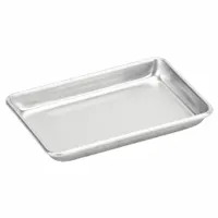 This one-eighth size sheet pan is made of uncoated aluminum with a solid surface and closed bead edges. Suitable for baking, roasting, and food preparation in commercial kitchens, its compact size fits smaller ovens and is used for portioning, reheating, or holding ingredients