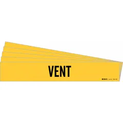 Yellow adhesive pipe marker with black 'Vent' legend, designed for pipes with outer diameter of 8 inches and larger. Each pack contains 5 markers without arrows. Used to identify vent lines in piping systems.