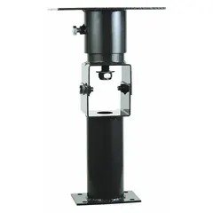 This steel mounting bracket is finished in black and includes a secondary safety support cable. It is used for securely mounting equipment such as fans, heaters, or lighting fixtures in commercial and industrial settings.