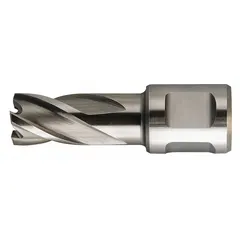 This high-speed steel annular cutter features a bright finish and a Weldon Flat shank. With a 2-5/8 in cutter diameter and 1 in maximum cutting depth, it is suited for general cutting applications in metal fabrication and structural steel work.