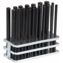 This 28-piece transfer punch set includes plain grip punches ranging from 3/32 to 1/2 inch. The set is organized in a box with a metal stand for convenient storage. Transfer punches are used to accurately mark hole locations from an existing pattern onto a workpiece, commonly in metalworking and assembly applications.
