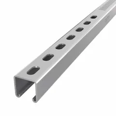 Steel strut channel with pre-galvanized zinc finish and gray color. 12 ga gauge with perforated slots spaced 7 7/8 mm by 50 3/4 mm. Used for supporting and securing mechanical, electrical, and plumbing systems in industrial and commercial construction.