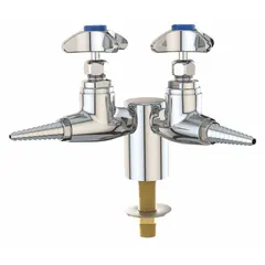 Threaded shank needle valve for gas media with a cross configuration. Chrome finish with blue index color. Features 2 handles and 2 outlets with a 90-degree flow pattern and NPT inlet connection. Suitable for laboratory turret installations requiring precise flow control.