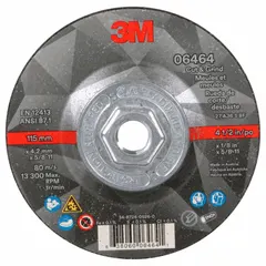 This 3M Type 27 combination wheel is designed for cutting and grinding carbon and stainless steel. The ceramic grain and cool-cutting action reduce heat buildup during use. It measures 4-1/2 inches in diameter, 1/8 inch thick, with a 5/8-11 arbor and 36 grit. Suitable for metal fabrication, maintenance, and repair tasks.