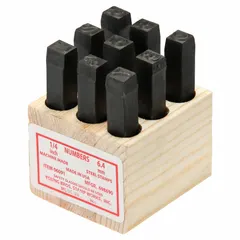 Set of steel sharp-face hand stamps for permanently marking metal, plastic, or wood surfaces. Includes characters 0 through 9, with 6 doubling as 9. Each stamp has a 1/4 in character height and a 2 5/8 in shank length. Suitable for stamping part numbers, date codes, or inspection marks in industrial settings.