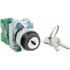 This panel-mounted key switch features a 2-position maintained/maintained switching action with a 1NO contact form. The key can only be removed in the left position. Designed for 22 mm panel mounting, it is suitable for industrial control and machine safety applications requiring key-operated access or interlock functions.
