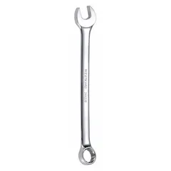 Chrome-finished alloy steel combination wrench with a 1-1/8 in 12-point head and offset design. Overall length of 15-3/4 in. Used for tightening or loosening fasteners in mechanical assembly and maintenance tasks.