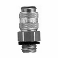 This brass quick-connect coupling body is designed for compressed air systems, enabling rapid connection and disconnection of pneumatic tools and hoses. It features a 1/4" male hose fitting with 1/4"-18 threads and a ball-type locking mechanism for secure coupling. Suitable for general industrial air line applications