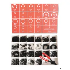 This assortment includes 540 external retaining rings in inch sizes, made of steel with a black phosphate finish. It covers 23 different sizes, suitable for securing components on shafts in industrial machinery and mechanical assemblies.