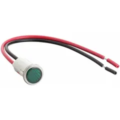 LED indicator pilot light with a flush head design for low-profile mounting in control panels and machinery. Features a 12 mm panel mounting hole diameter and 6-inch wire leads for electrical connection. Used to signal power status or operational conditions in industrial control applications.