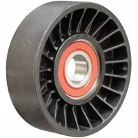 Flat idler pulley for serpentine belt systems in light-duty vehicles. Features a flangeless flange design and polymer construction. Maintains belt tension and alignment in accessory drive applications