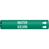 Snap-on pipe marker for identifying water lines in industrial piping systems. Green background with white legend text and directional arrows. Fits pipe outer diameters from 2-1/2 to 3-7/8 inches. Supplied as a single marker