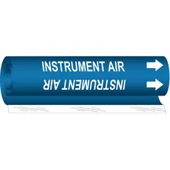 Blue wrap-around pipe marker with white legend 'Instrument Air' for identifying compressed air lines used in pneumatic controls and instrumentation. Fits pipe outer diameters from 1-1/2 to 2-3/8 inches. Includes directional arrows. Single marker supplied.