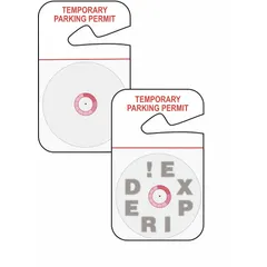 Temporary paper parking hanger for designating short-term parking access in facilities, lots, or events. White background with red markings for clear visibility. Each hanger measures 3 inches overall width by 5 inches card height. Supplied in a 500-pack for high-traffic environments needing quick, disposable permits.