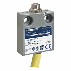 This top-mount plunger limit switch features a metallic zinc body and a plunger actuator with a maximum operating force of 80 ozf. It is equipped with a pre-wired cable for electrical connection. Typical applications include position sensing and presence detection in industrial machinery and automation systems.