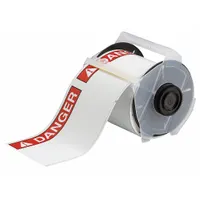 White polyester label roll with DANGER header, measuring 4 in x 6 in on a 6 1/4 in x 50 ft roll. Features acrylic adhesive for secure bonding. Designed for use with GlobalMark printer series. Commonly used for hazard identification and safety warning applications in industrial environments