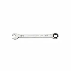 This SAE 12-point ratcheting combination wrench features a 13/16 in head size and is constructed from alloy steel with a full polish chrome finish. The ratcheting box end allows for faster fastener tightening and loosening in confined spaces without requiring tool repositioning. Suitable for general mechanical assembly, automotive repair, and industrial maintenance tasks.