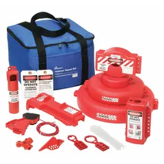 This portable lockout tagout valve kit includes keyed alike padlocks, a hasp, and one pneumatic lockout device. The components are housed in a nylon carrying bag measuring 15.75 in D x 14.5 in W x 9.5 in H. Used for isolating energy sources during equipment maintenance and servicing.